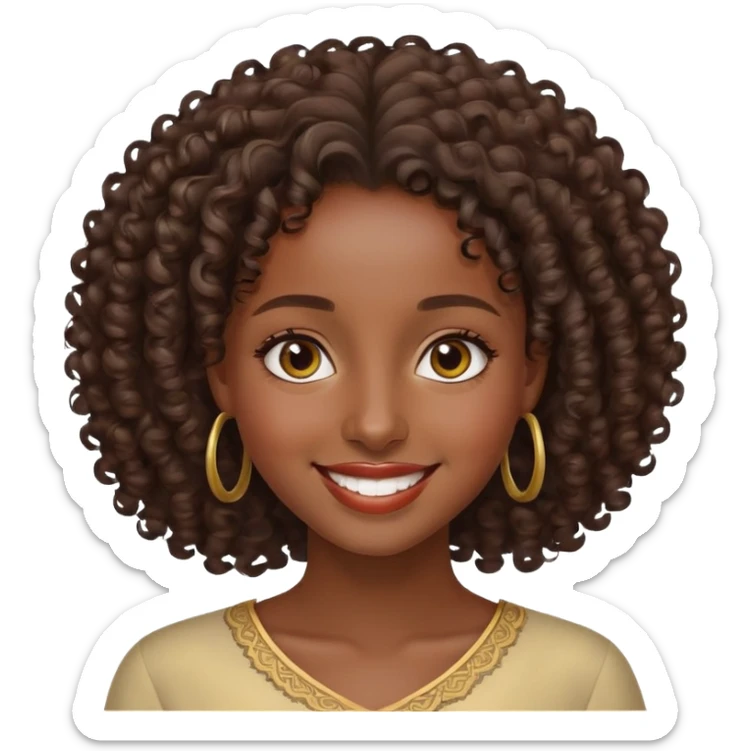 beautiful Ethiopian girl, smiling, curly hair, elegant look, high definition, precise details, iOS Apple style emoji sticker