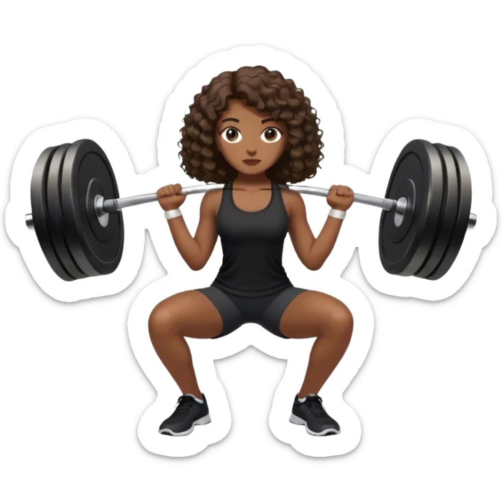 mulher branca com cabelo cacheado longo castanho com top e shorts preto fazendo agachamento com peso sticker