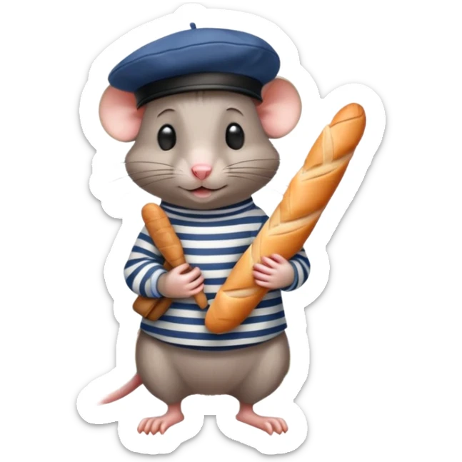 Rat wearing a beret and striped shirt holding a baguette with Eiffel Tower in background sticker