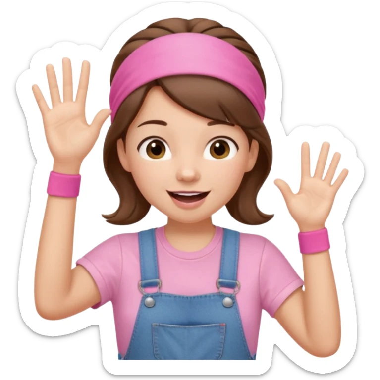 preschool teacher with brown hair pulled up in high ponytail and light pink headband. Has a pink t-shirt with denim overalls. Expression is happy and friendly with mouth wide open. Has one hand up waving hello. sticker