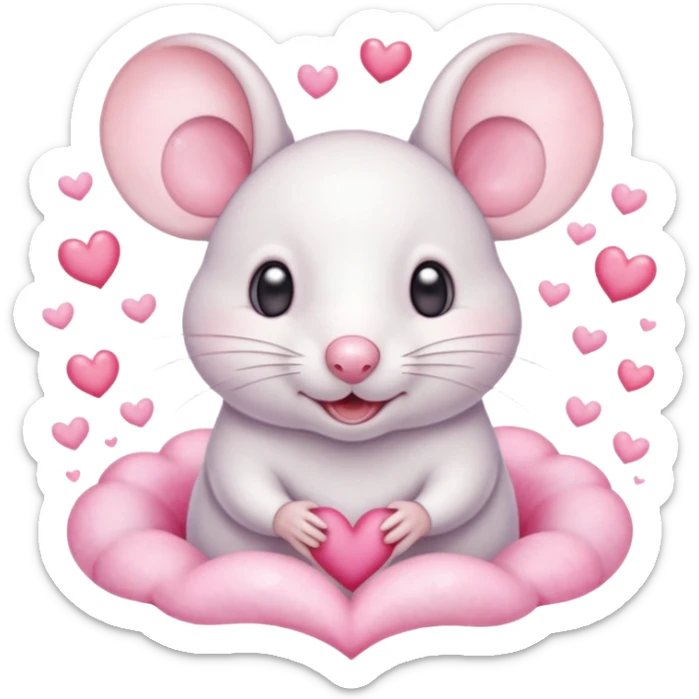 This is a cute watercolor illustration of a small, white cartoon mouse with large, round, pink-lined ears. The mouse has heart-shaped eyes, a small open mouth, and is surrounded by floating pink hearts, conveying a feeling of love, adoration, or strong affection. sticker