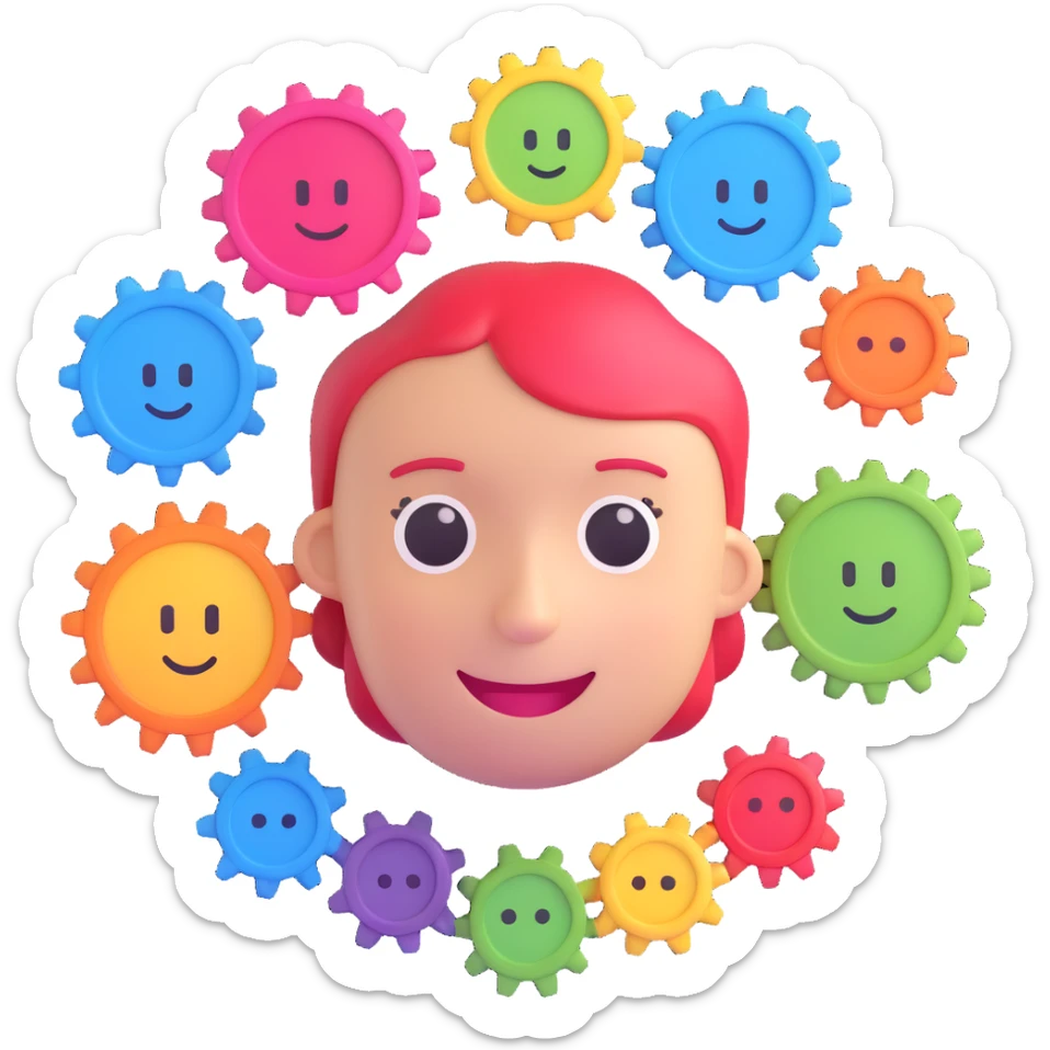 3D emoji style smiling AI face with gears and sliders, customizing a set of colorful avatars and charts, symbolizing tailored work programs and customer service sticker