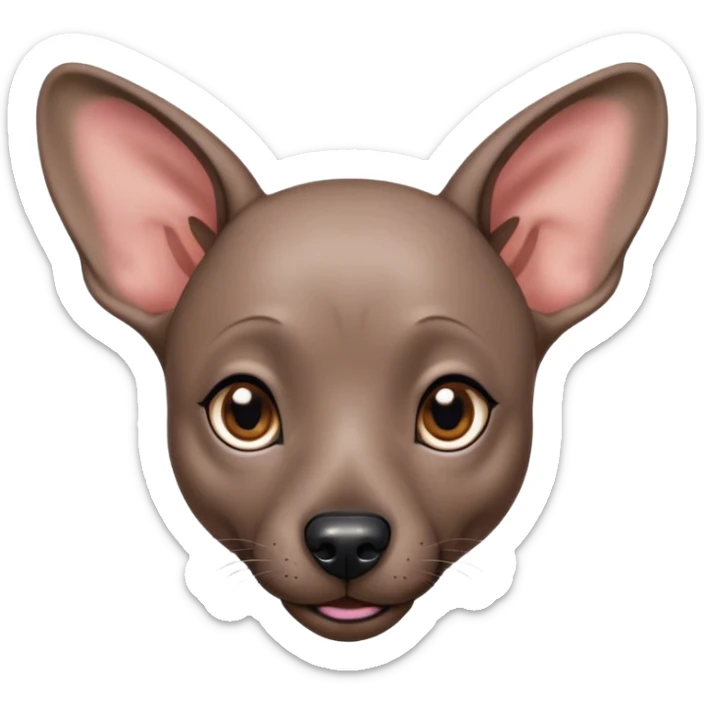Cinematic Cute Xoloitzcuintle dog Portrait Emoji, Head tilted playfully and inquisitively, featuring smooth, hairless ebony skin with distinctive, artistic wrinkles, round, sparkling dark eyes filled with curiosity, Simplified yet irresistibly adorable features, highly detailed, glowing with a warm, friendly glow, high shine, affectionate and spirited, stylized with a touch of whimsy, bright and endearing, soft glowing outline, capturing the essence of a mischievous yet loving companion, so playful it feels like it could trot out of the screen and into your arms! sticker