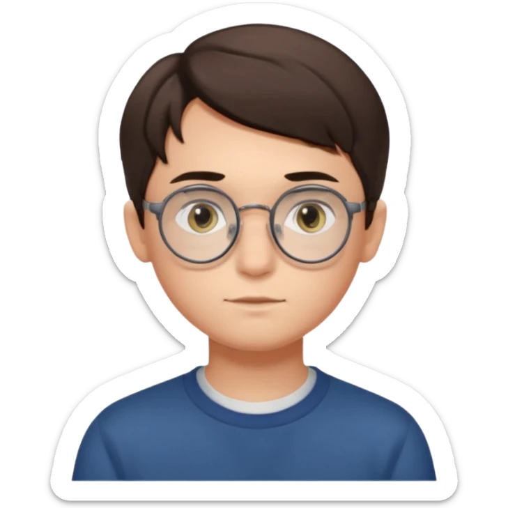 BRUNETTE teen boy with medium short middle parted hair, GREY eyes, round Glasses looking judging to the Side sticker