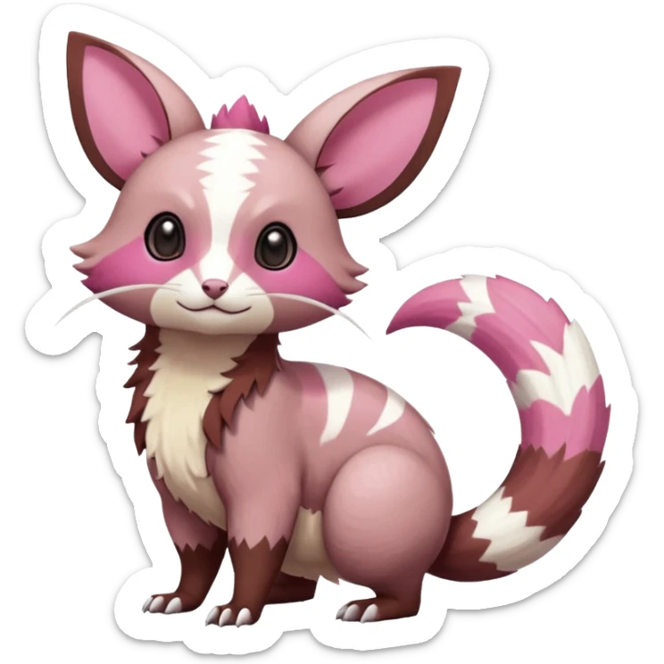 Rare realistic brown-scaled pink, white beige edgy badass epic pretty beautiful handsome gorgeous aesthetic colorful vibrant Vernid-Minccino-Cinccino-Furret-Linoone-Amaura-species-Fakemon-creature by LiLaiRa, random markings, (full body) sticker