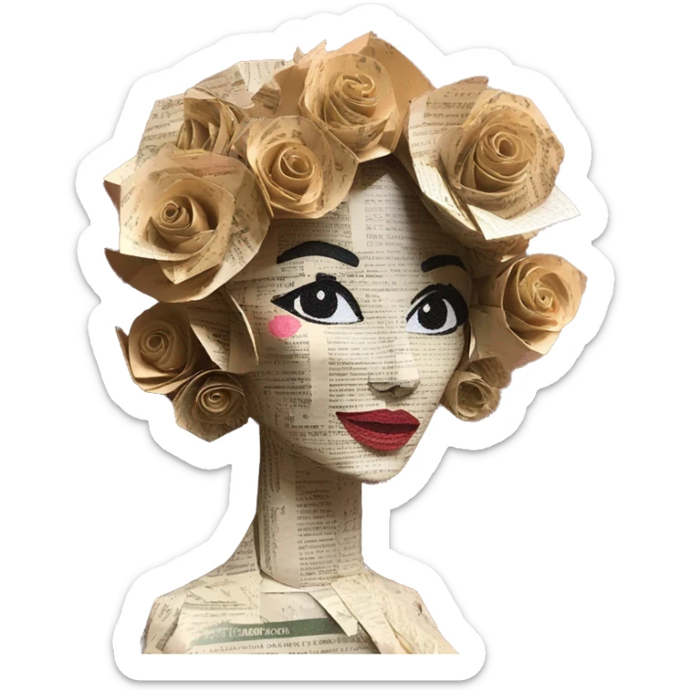 Glamorous lady made of 420 origami newspaper roses hemp sticker