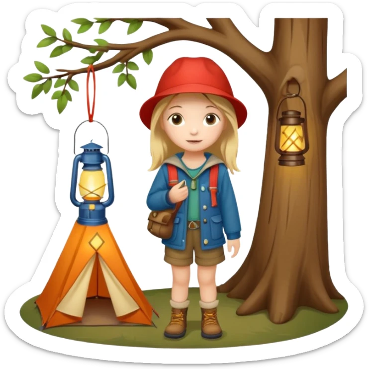 Adorable little girl in camping attire standing beside a tree holding a lantern, looks like it is made of felt texture, scrapbooking style, transparent background sticker