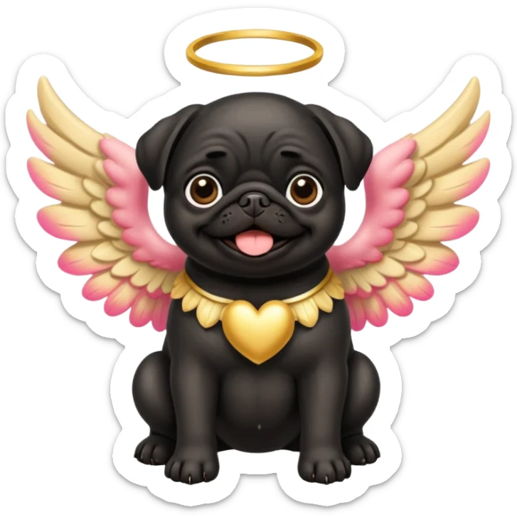 Black pug with big fluffy cream colored angel wings with gold dust on them sticker
