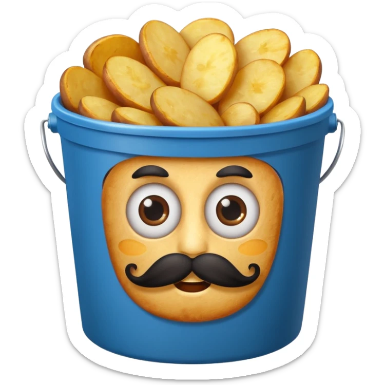 fried potatoes with eyes and mustache, in a blue carton bucket sticker