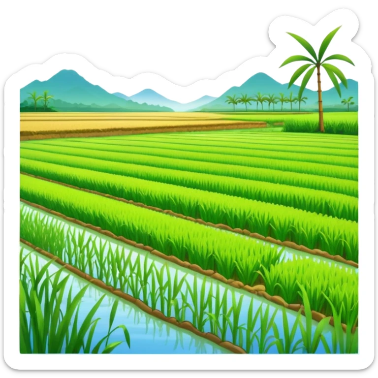 lush rice paddy with young rice plants, vibrant colors, modern emoji style sticker
