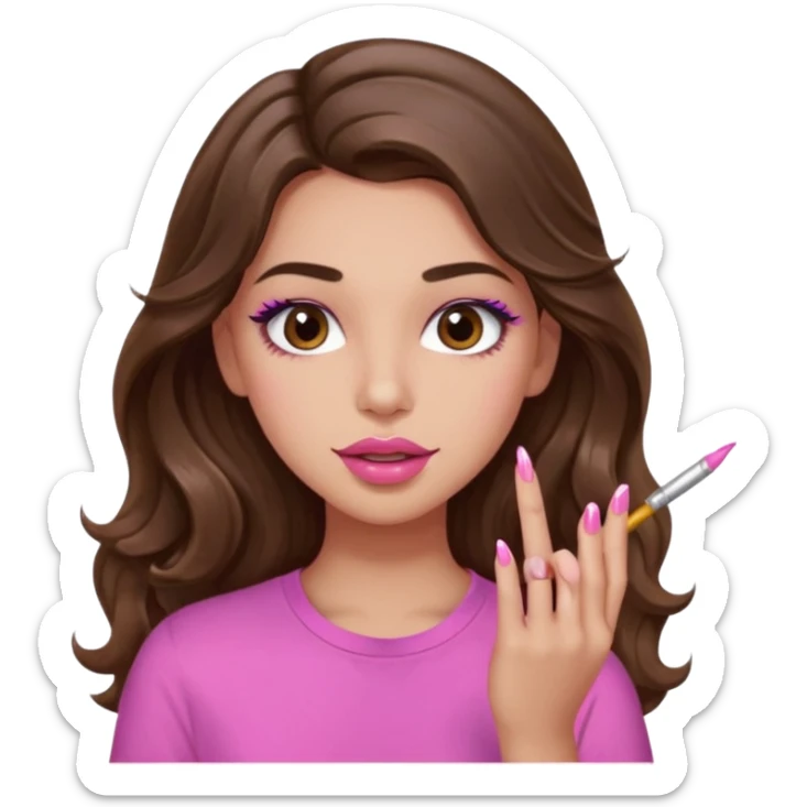 girl with long wavy brown hair, brown eyes, light to medium complexion, in a pink shirt, pink lips, long lashes, puckered lips,  painting long finger nails sticker