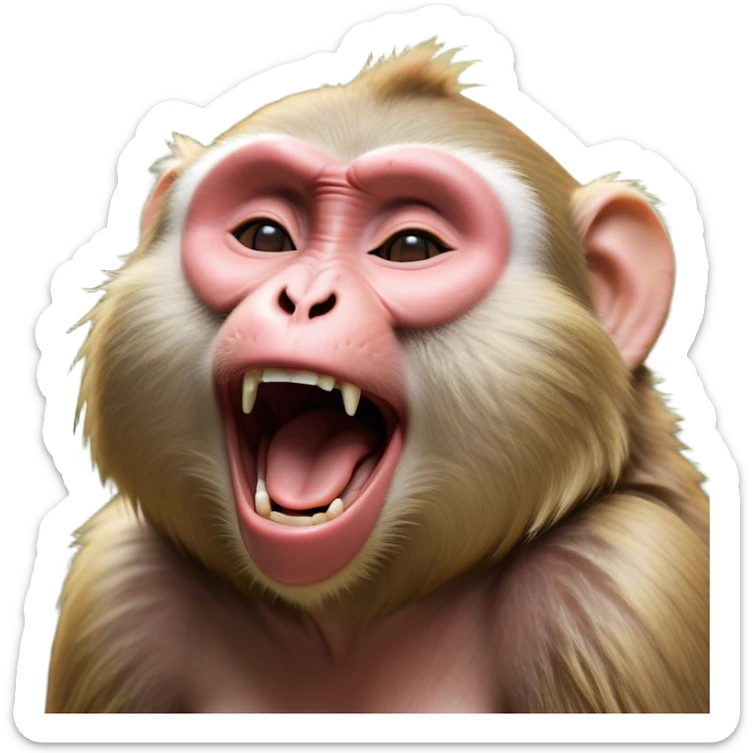 Cinematic Cute Yawning Macaque Portrait Emoji, Head tilted slightly with a dramatic, wide-open yawn, showcasing a gently textured face with half-closed, sleepy eyes and an open, relaxed mouth, Simplified yet irresistibly adorable features, highly detailed, glowing with a soft, cozy glow, high shine, relaxed yet expressive, stylized with a dash of whimsical charm, soft glowing outline, capturing the essence of a drowsy yet affectionate primate that appears ready to stretch out for a nap! sticker