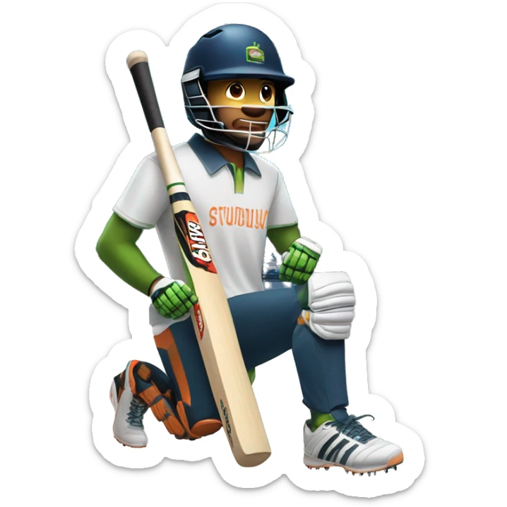 a person holding a cricket bat on one hand, and a laptop on the other hand. Also, wearing a cricket helmet, and a cool pair of shoes sticker