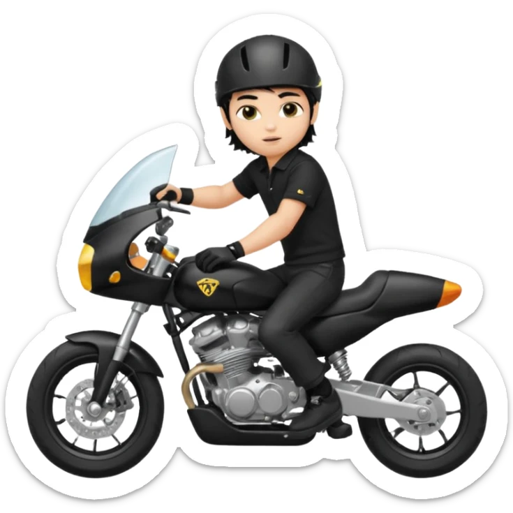 generate a pretty fair bratz boy with a messy mullet (black hair), wearing a BLACK polo.  on a superbike sticker