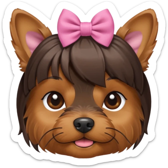 a little dar brown Yorkshire Terrier face with a ponytail on head tied with a bow. sticker