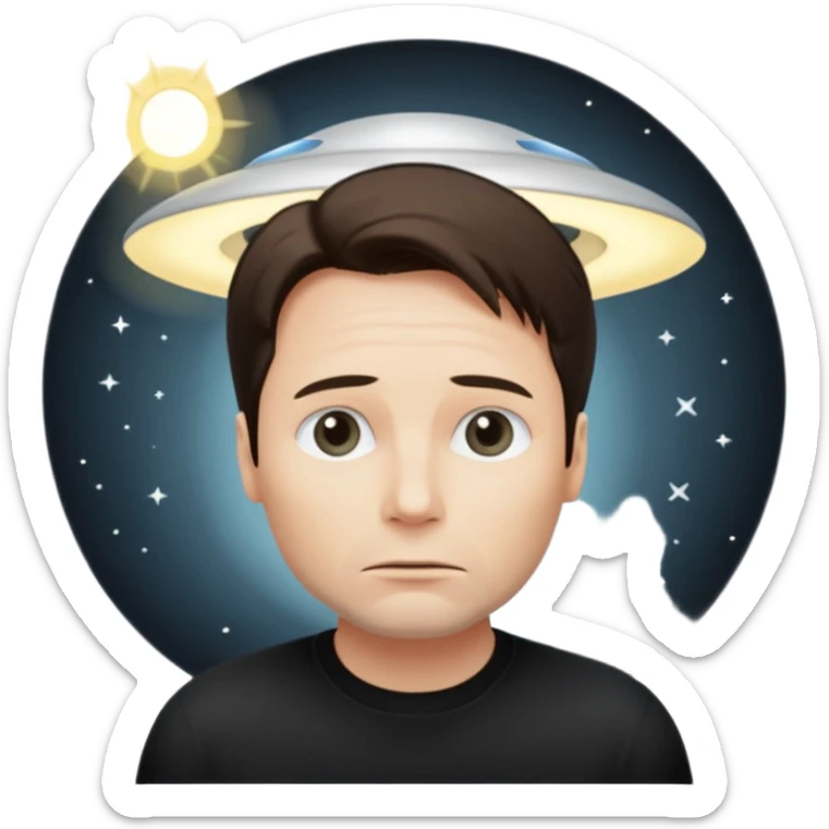 Mulder from the x-files looking very very worried (not trusting anyone today) while wearing a dark t-shirt. A beam of light from a UFO illuminates him sticker