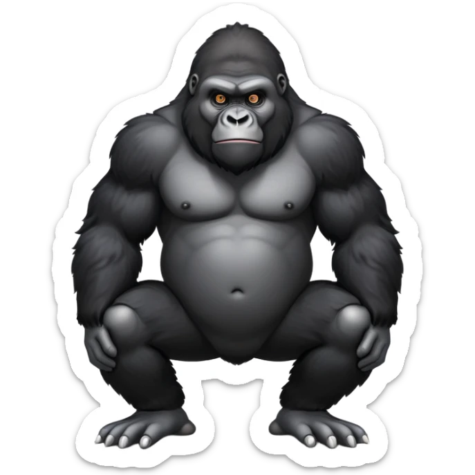 cinematic-friendly relaxed gorilla-realistic-full-body-crouched on all fours on knuckles-emoji,-poised-with-confidence,-massive-arms-hanging-slightly-forward,-head-tilted-thoughtfully,-thick-black-fur,-deep-dark-eyes-full-of-intelligence,-simplified-yet-realistic sticker