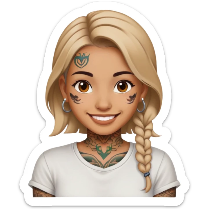 girl with face tattoos, smiling, wearing a shirt sticker