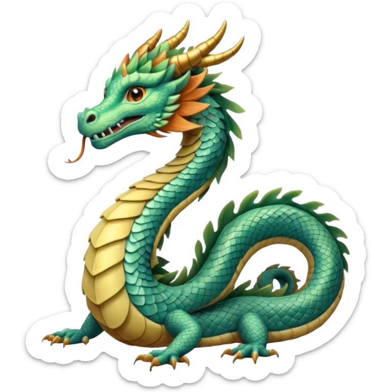  serpent dragon. Slim, serpentine body with smooth scales in soft blues and greens. Fluffy leaf plumes replace the tail fins, and a terracotta crown-like crest adorns its head. Gentle amber eyes. it should be similar to traditional chinese dragons. sticker