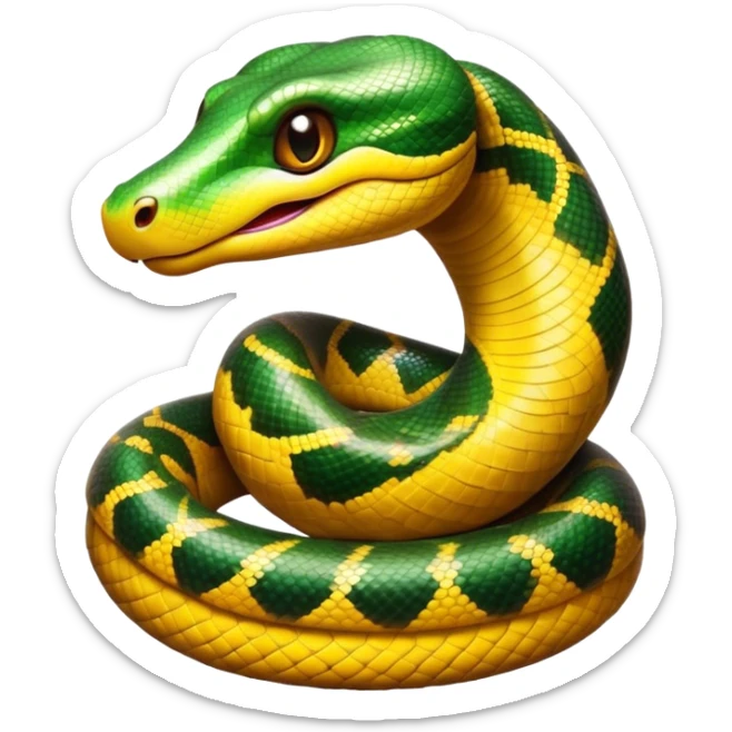 Cinematic Cute Anaconda Portrait Emoji, Head tilted playfully and inquisitively, with a sleek, shimmering body adorned with detailed scale patterns and round, sparkling eyes full of wonder, Simplified yet irresistibly adorable features, highly detailed, glowing with a warm, friendly jungle glow, high shine, affectionate and lively, stylized with a touch of whimsical reptilian charm, soft glowing outline, capturing the essence of a mischievous serpent that feels like it could slither out of the screen into your arms! sticker