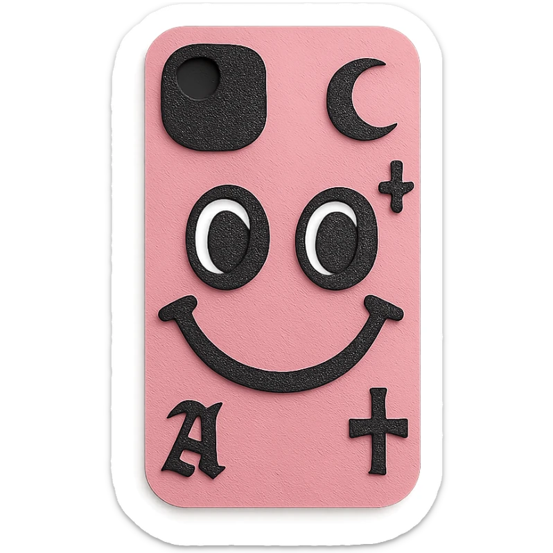 pink and black gothic phone case, big eyes, smiling, playful, cartoonish, gothic symbols sticker