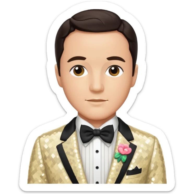 Gene Kelly with dark brown hair, cream sequin suit with bow tie sticker