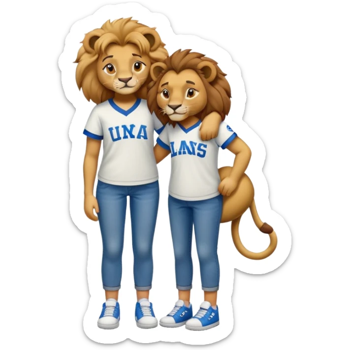 friendly anthropomorphised female lion wearing a baseball shirt, jeans, and trainers, comforting another character sticker