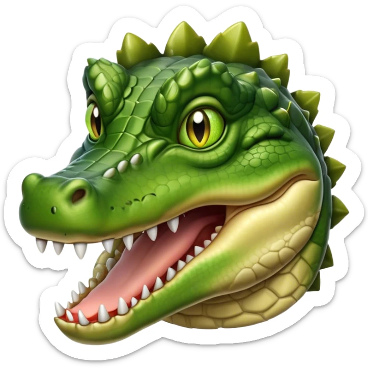 Cinematic Realistic Noble Crocodile Portrait Emoji, Poised and formidable, with a massive, muscular build and a rugged, intricately textured scaly hide in deep olive-green with natural camouflaged patterns, a powerful, fearsome jaw and piercing, ancient eyes rendered in lifelike detail, high shine, intelligent and imposing, styled with an air of primal authority, focused and attentive, soft glowing outline, capturing the essence of a watchful and confident crocodile that appears ready to surge out of the screen with effortless power! sticker