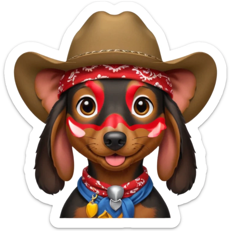 mostly black with some brown long hair daschund with a cowboy hat, ears curl out a bit and bandana and tongue slightly out sticker