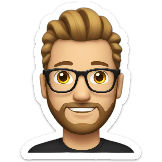 White Man with clear glasses brown hair and a black tshirt and a man bun and beard sticker
