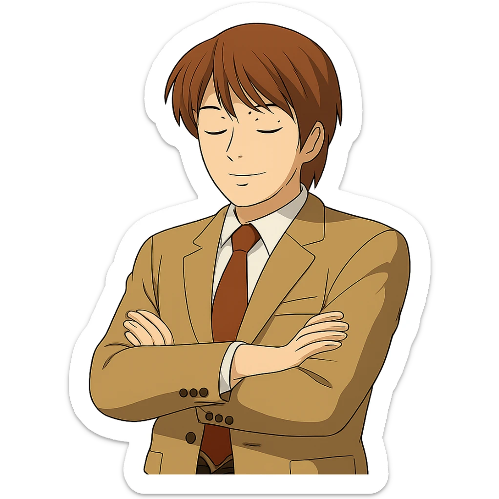Create an exact Light Yagami in Ghibli style, standing with arms crossed and eyes closed. Keep the same suit, pose, confident expression, and all facial, hair, and suit details exactly as in the reference image. Transparent background. sticker