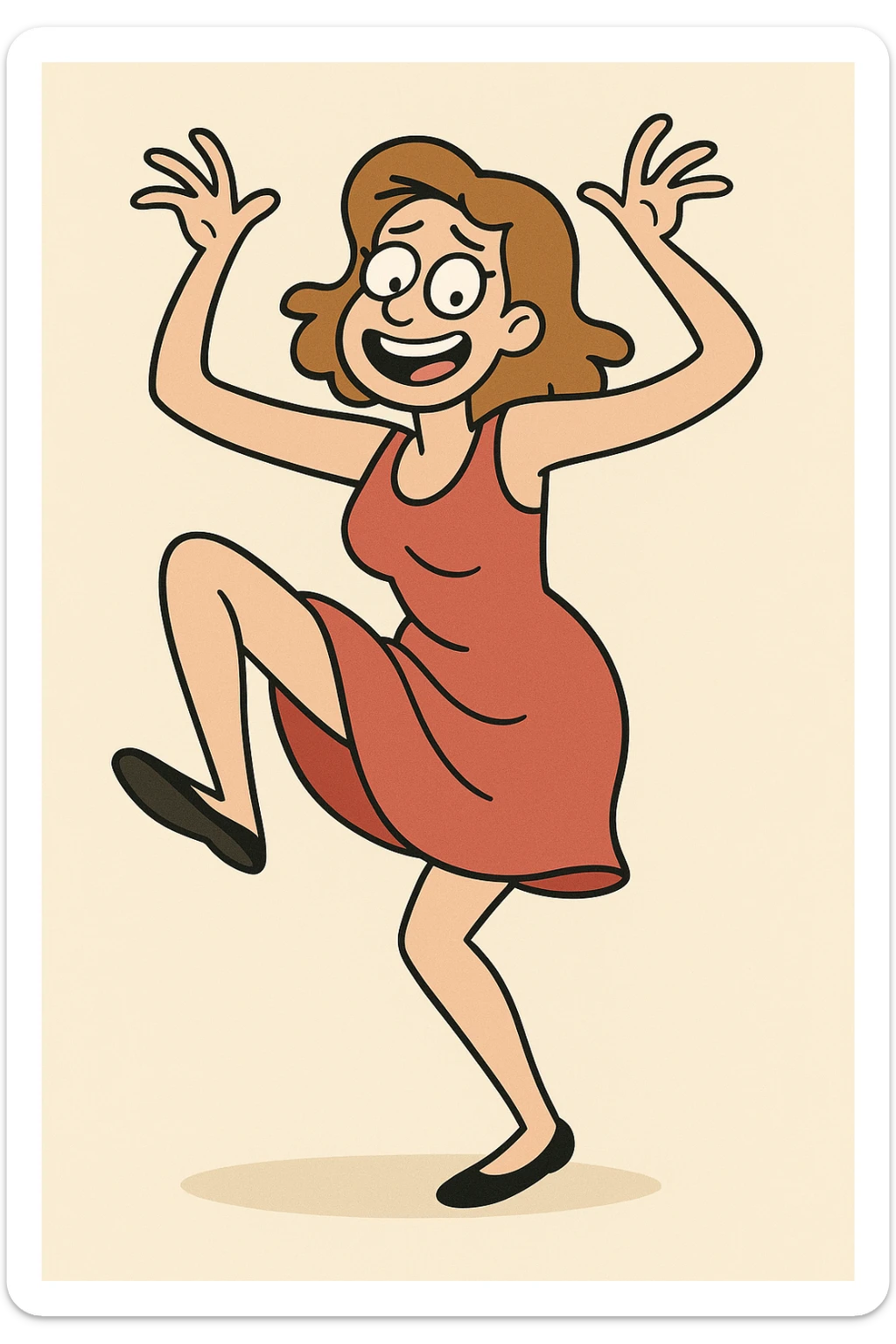 woman in a red dress dancing poorly, exaggerated pose, cheerful, clean background sticker