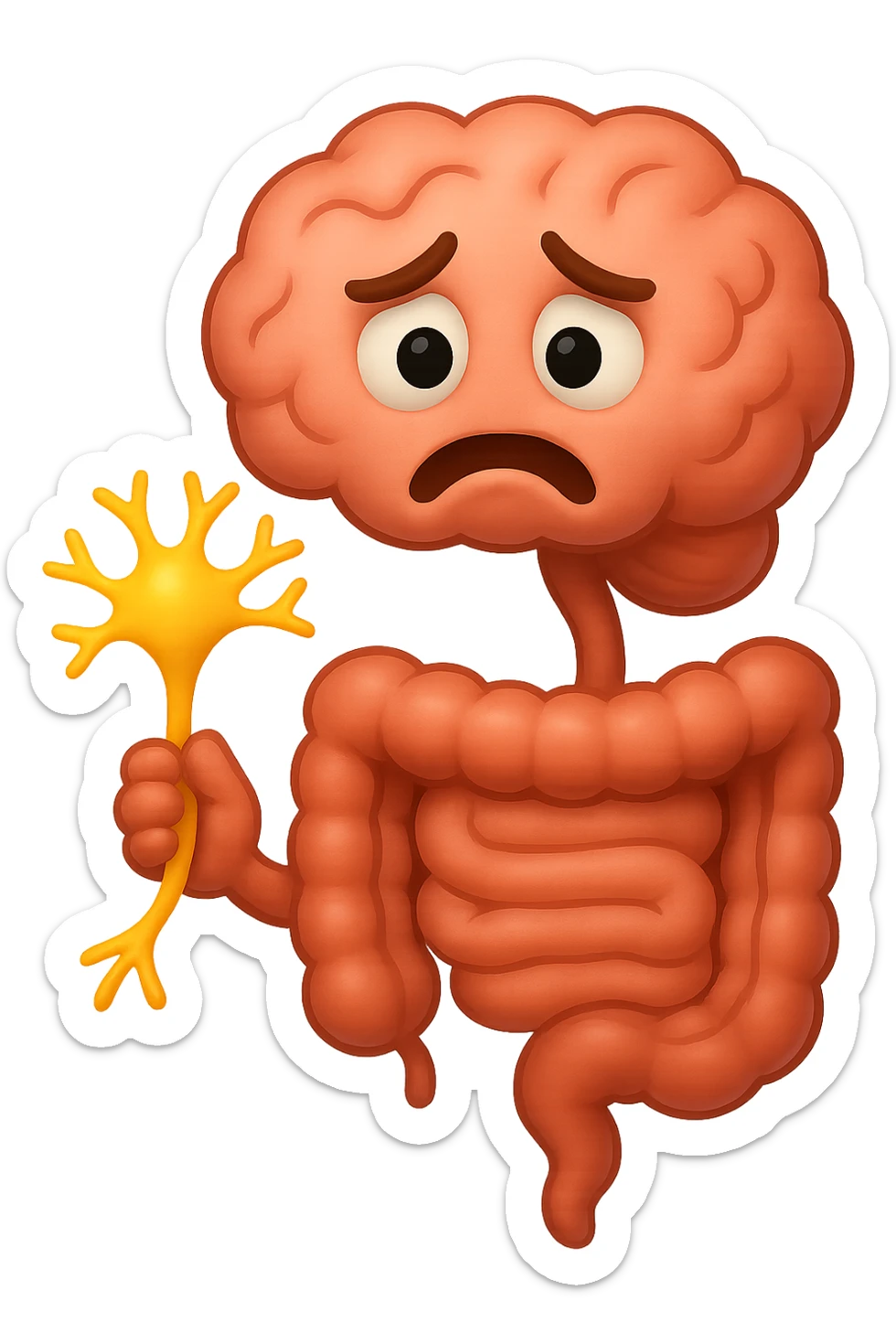 EMOJI STILE IPHONE DI UN INTESTINO collegato verticalmente ad un cervello mentre tiene in mano un neurone, espressione stressata, IPERREALISTICO 4K sticker