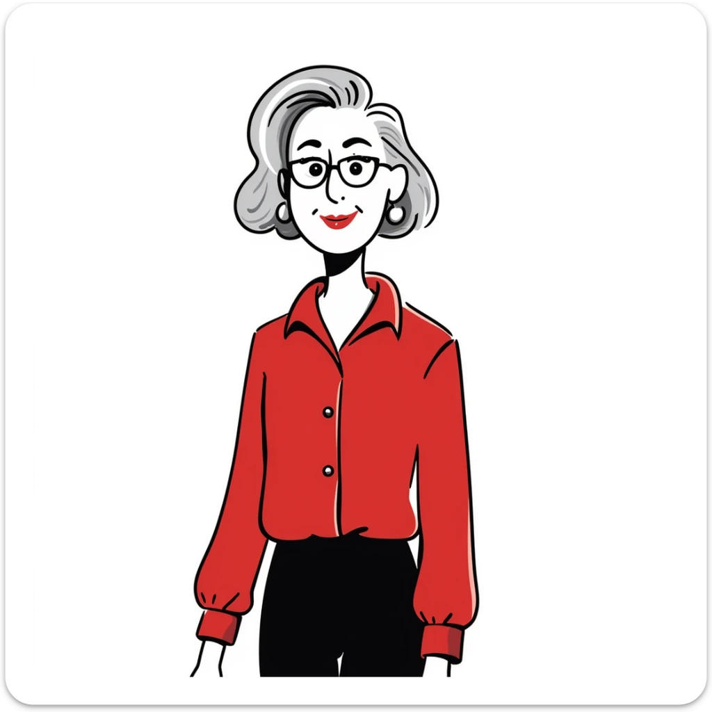 Sophisticated senior woman in her 70s with radiant complexion, elegant silver-gray bob haircut, hazel eyes, defined cheekbones, wearing vibrant red lipstick and a structured red blouse sticker