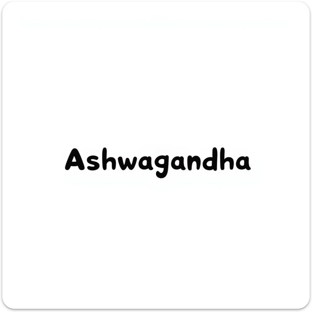 The word "Ashwagandha" hand-drawn in a simple style with minimal colors. The text should be clean and readable with just a few essential color accents. sticker