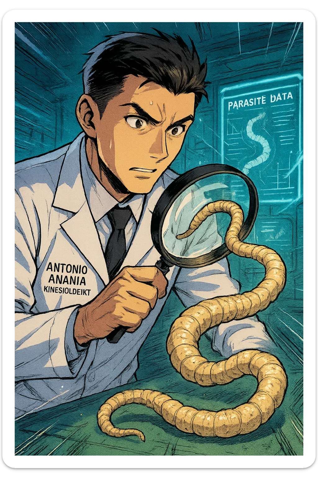 A dynamic manga/webtoon-style illustration of a young male kinesiologist wearing a clean white lab coat, analyzing light beige worms like a tapeworm under a magnifying glass. His expression is focused and slightly intrigued, with sharp, detailed eyes. The art style is vibrant, with bold linework, rich colors, and dramatic lighting. The background is a futuristic laboratory with glowing holographic screens displaying parasite data. The tapeworm is intricately drawn, slimy and segmented, with a slightly exaggerated yet realistic texture. The composition is dynamic, with motion lines or energy effects to emphasize his scientific investigation. The atmosphere is intense but not dark, keeping a balance between scientific seriousness and stylish manga aesthetics, he has "ANTONIO ANANIA" WRITTEN ON WHITE LAB COAT sticker
