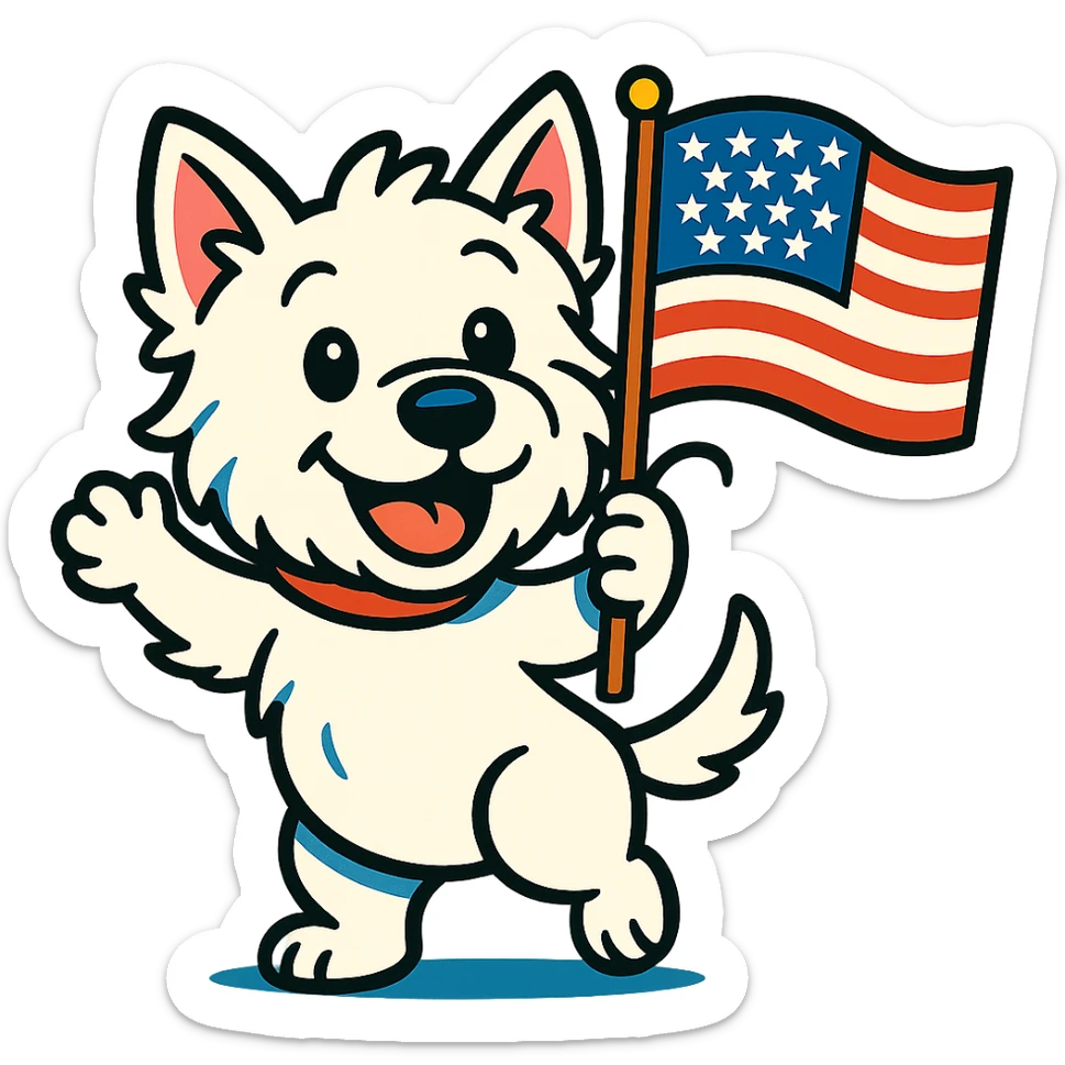fun friendly Westie dog waving a US flag, cute cheerful energetic patriotic, vibrant toon style sticker