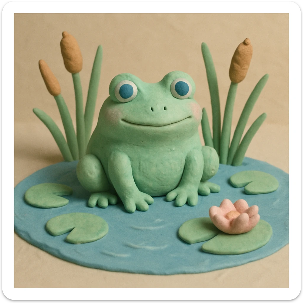 frog sitting in a pond with visible water lilies and reeds, soft pastel colors, claymation style sticker