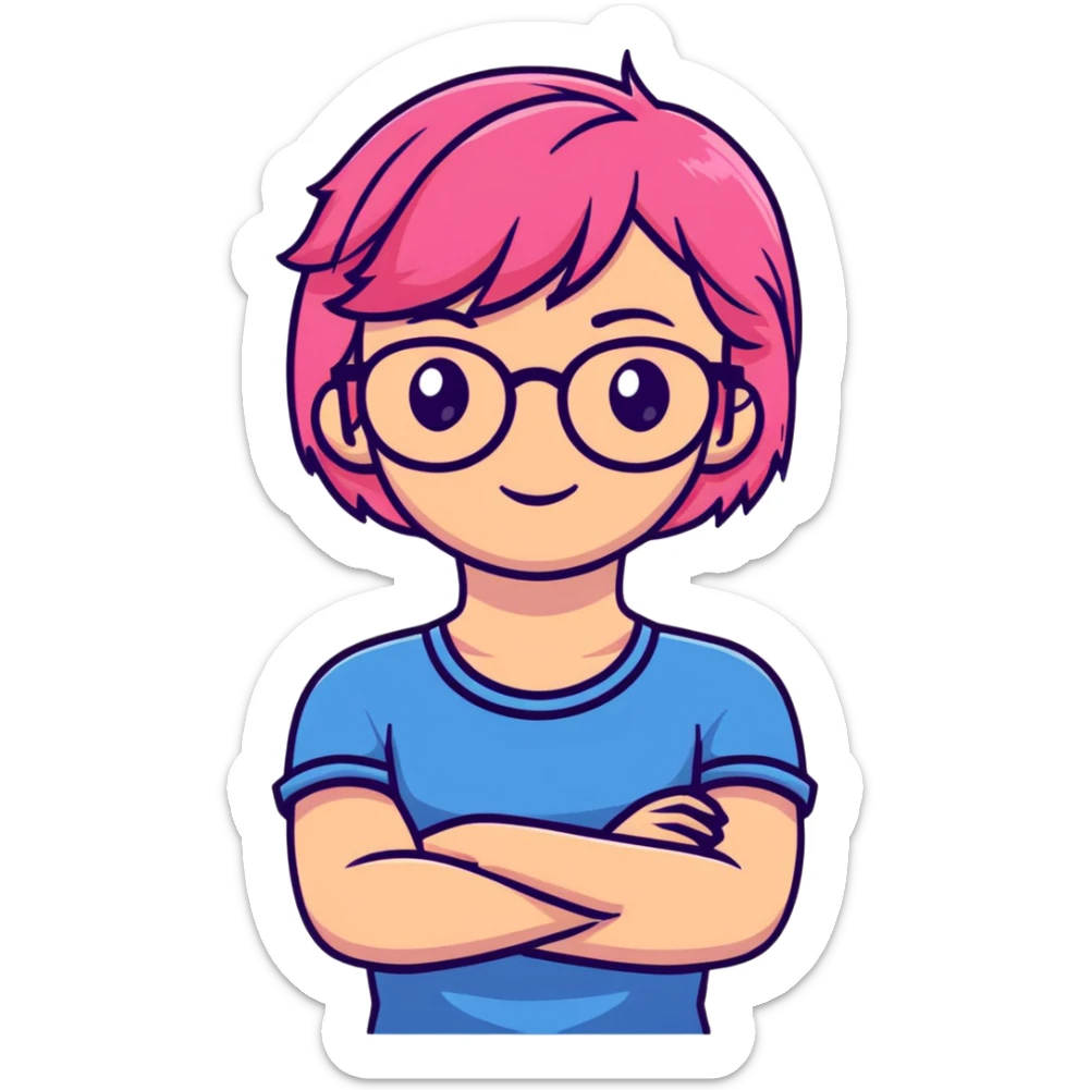 Pink-haired girl with glasses crossing her arms with a slight smirk sticker