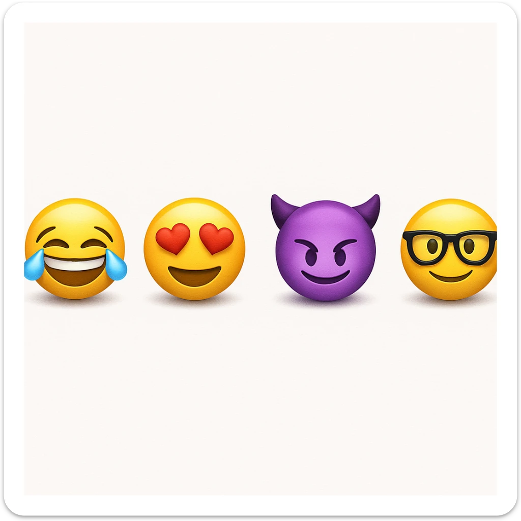 make four emojis on white background with good amount of shadow, four emojis of smiley's only. one laughing, second heart eyes, third purple devil and four black glasses emojis  sticker