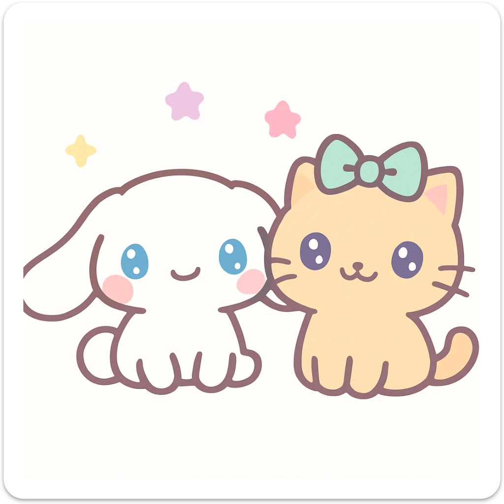 Cinnamoroll and a cat sitting side by side, pastel colors, kawaii style, cheerful expression sticker