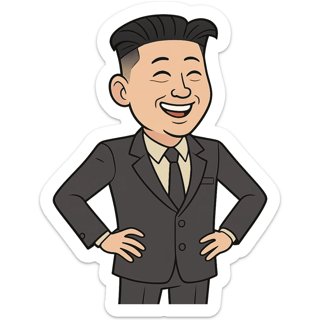 cartoon Kim Jong Un, slim build, standing with hands on hips, wearing suit, big smile, humorous and non-offensive style sticker