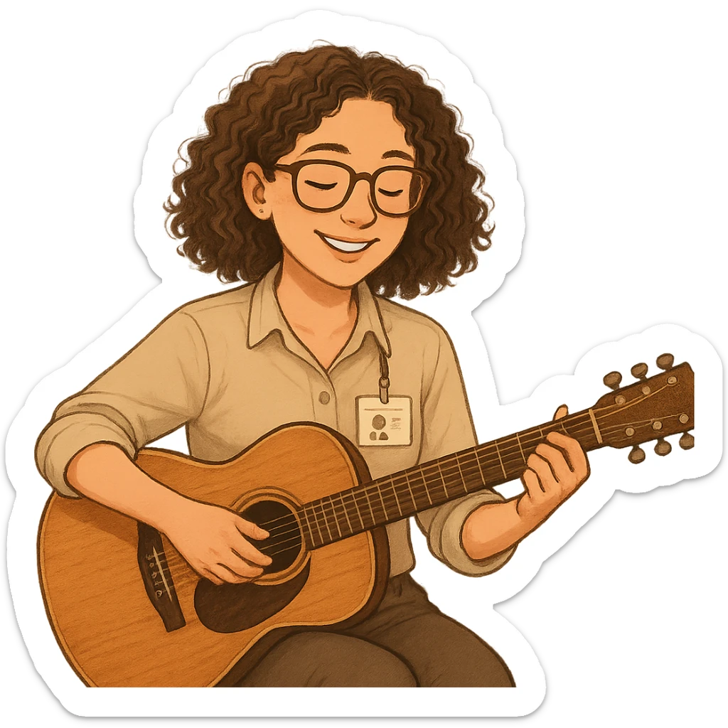 Curly brown-haired girl with brown-framed glasses, wearing a shirt, playing guitar, music therapy internship theme, warm, professional, inviting sticker