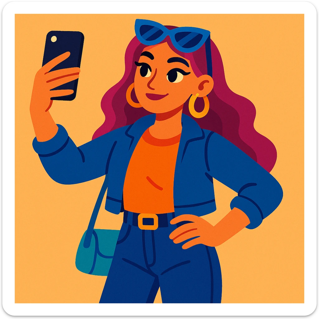 influencer girl, modern, stylish, holding a smartphone, selfie pose, casual fashion, vibrant colors, cartoon style sticker