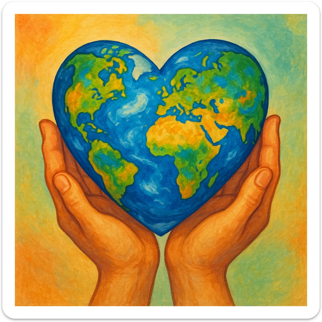 a pair of hands gently holding a heart-shaped Earth, vibrant and friendly, colorful and inviting sticker
