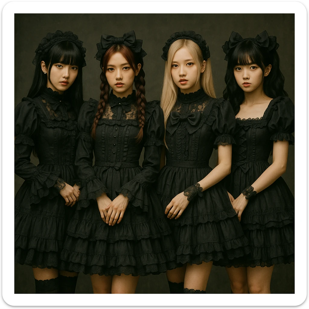 Blackpink in lolita goth style, frilly dresses, lace, cute but dark sticker