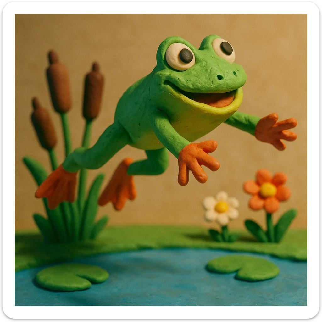 frog leaping above a pond with cattails and flowers, playful and colorful, claymation style sticker