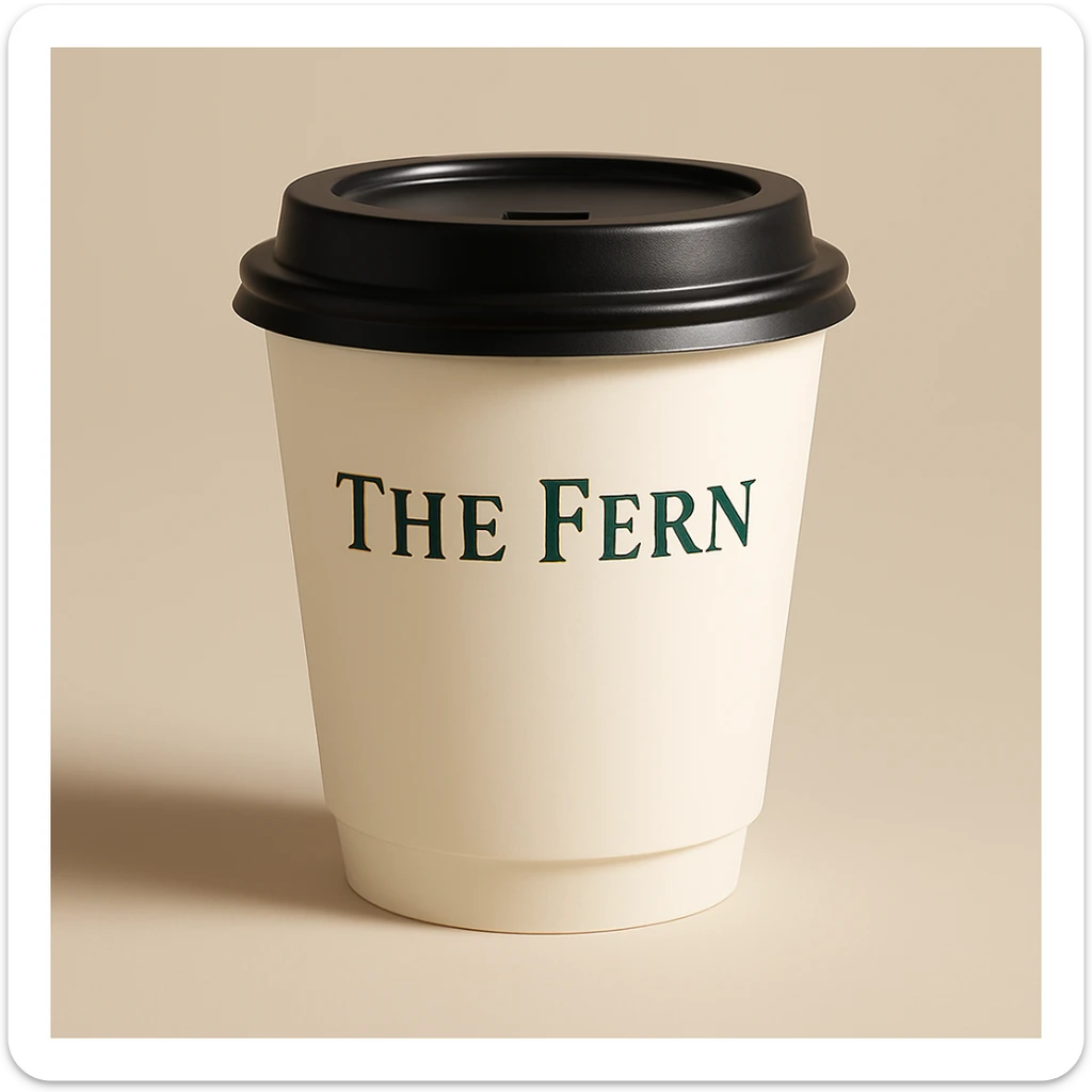 Change the letters that say 'The Fern' to green, keep the elegant serif letters and classic, refined look on the to-go cup. Maintain the elegant serif letter style with a classic and refined look for the text. sticker