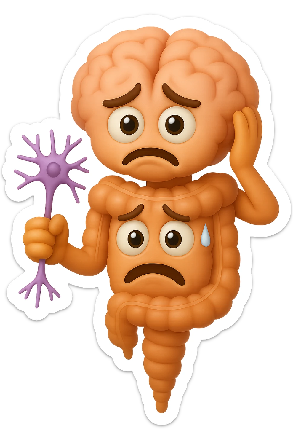 EMOJI STILE IPHONE DI UN INTESTINO collegato verticalmente ad un cervello mentre tiene in mano un neurone, espressione stressata, IPERREALISTICO 4K sticker