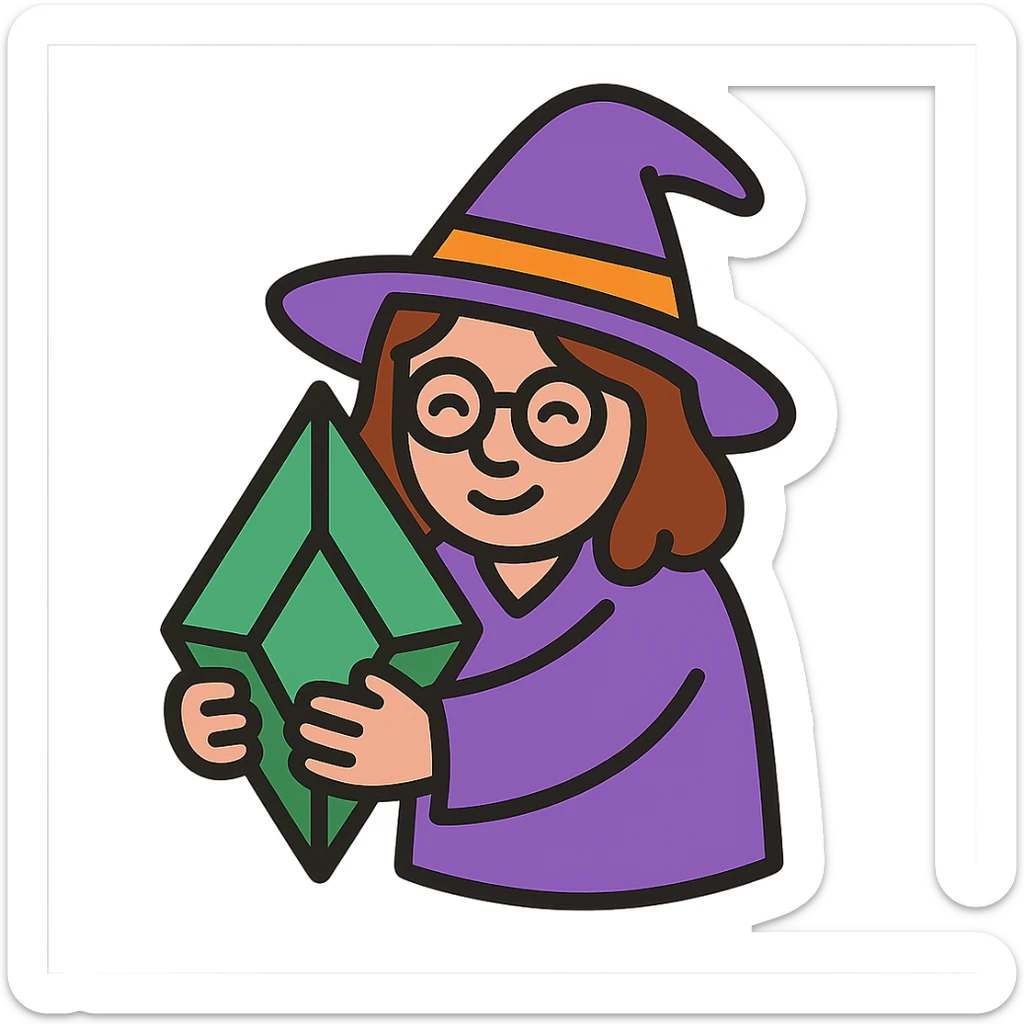 witch with brown hair and glasses hugging a Plumbob, color outline icon style, playful and friendly sticker